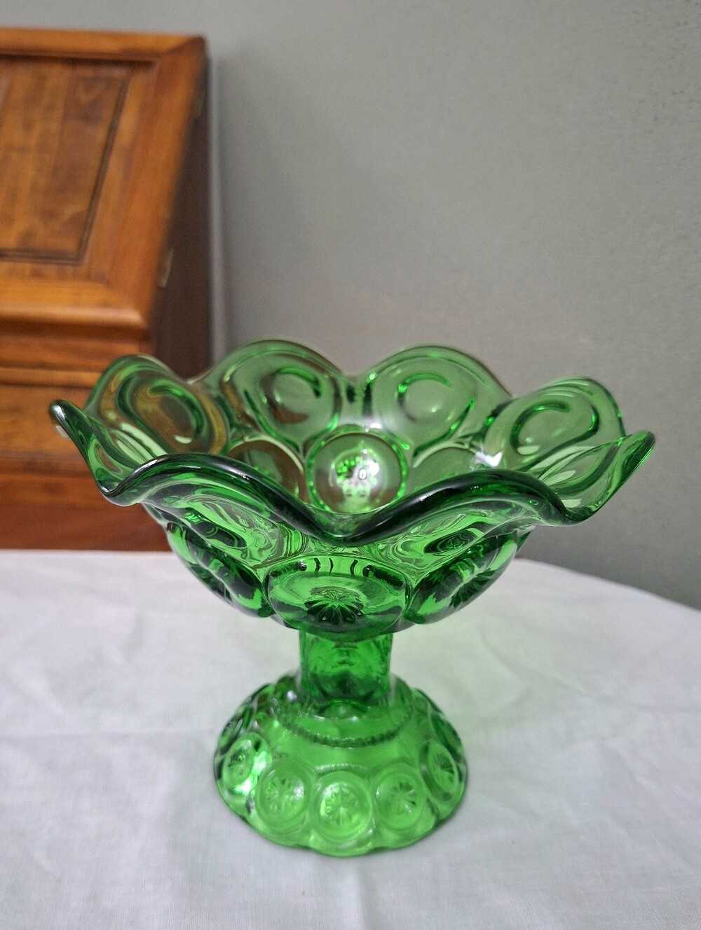 Mid Century Emerald Green Moon & Stars Pedestal Candy, Compote Dish